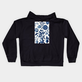 Floral Garden Botanical Print with Delft Blue and White Kids Hoodie